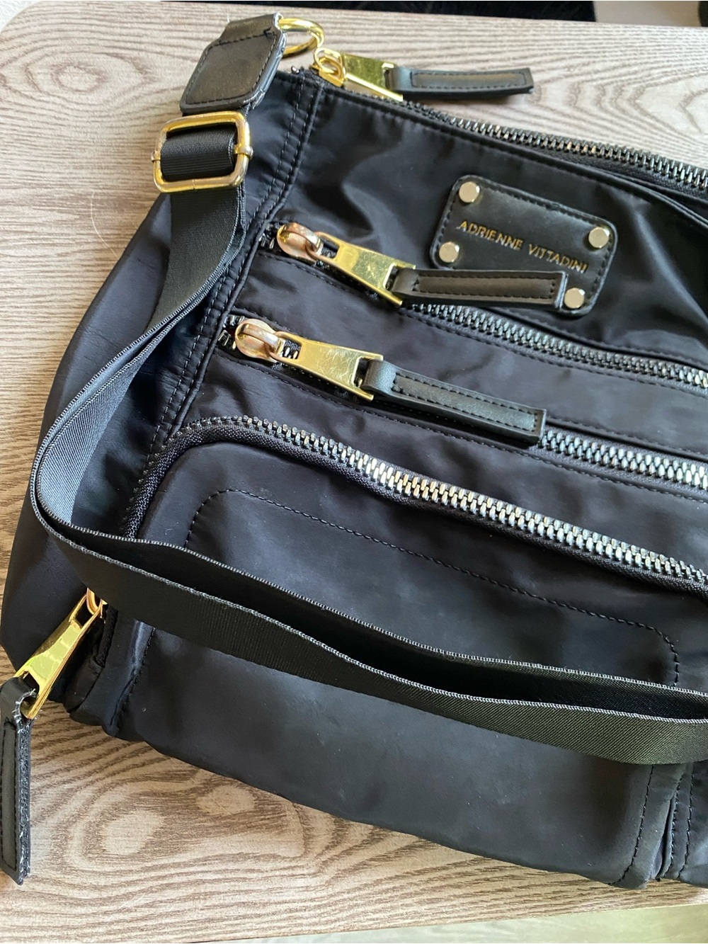 Adrienne Vittadini Black Nylon Messenger with Gold-Tone Hardware